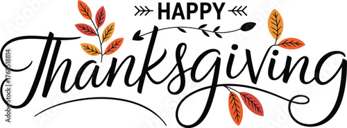 Happy thanksgiving decorative text with autumn leaves and swirls