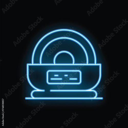 Neon icon of electric multicooker with open lid showing heating elements on black background