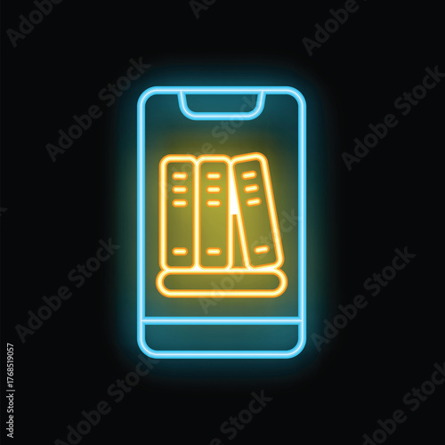 Neon icon of online library glowing on smartphone screen, concept of digital reading or audio books