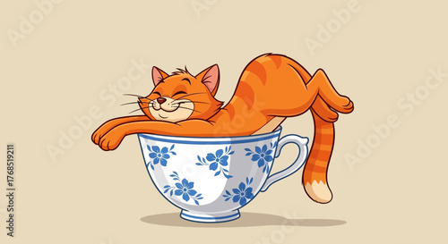 Whimsical feline repose: A contented ginger cat comfortably nestled inside a vintage teacup