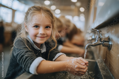 Young girl washing her hands at a school sink during handwashing activity in bright classroom setting