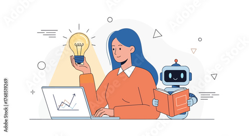 Woman collaborating with AI using laptop and innovation lightbulb for business success