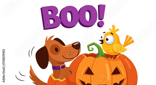 Whimsical Halloween illustration with cartoon dog bird and festive pumpkin ready for holiday season