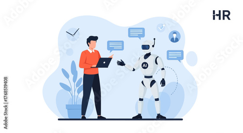 Human resources and artificial intelligence working and collaborating together in a virtual office