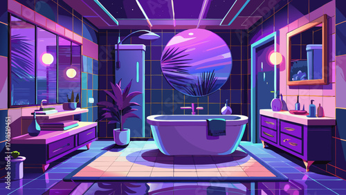 Vector of luxury bathroom interior with neon purple lighting, reflections on marble, glass shower, calm night mood, detailed realistic textures, modern elegant atmosphere