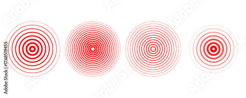 Red concentric ripple circles set. Sonar or sound wave rings collection. Epicentre, target, radar icon concept. Radial signal or vibration elements. Halftone vector illustration
