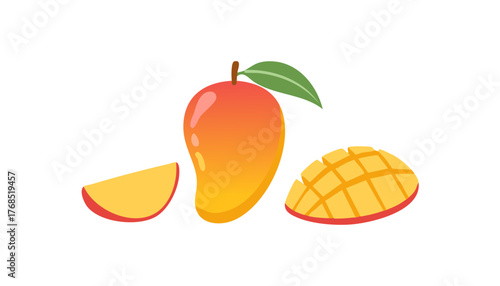 Bright mango fruit with leaf and sliced half ideal for tropical food design and summer feeling.