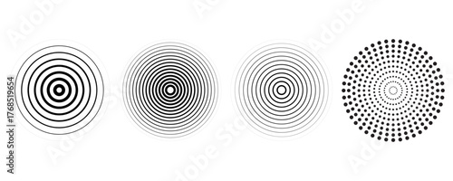 Black concentric circle set. Sonar or sound wave ring collection. Dotted and linear epicentre, target, radar icon concept. Ripple radial signal or vibration elements. Vector line and halftone symbols