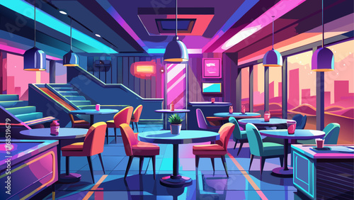 Realistic vector of neon-lit restaurant interior, pink and blue lighting, tables and chairs, soft reflections on floor, modern stylish design, warm festive mood, detailed ambient glow