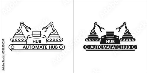 Line art and filled icon of an automated hub with robotic arms and conveyor belt