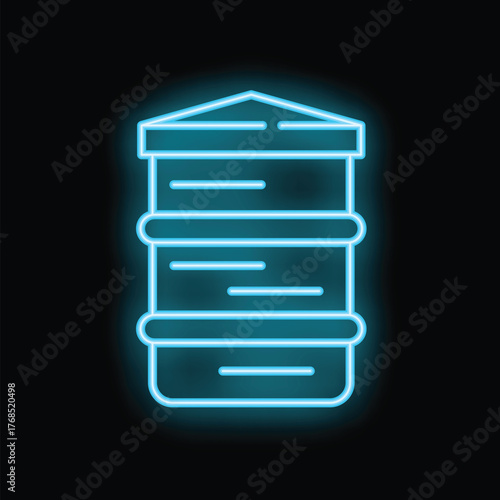 Blue neon sign of a water cooler glowing on black background, concept of thirst or refreshment