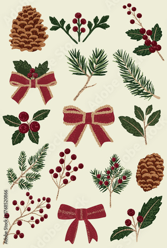 Collection of cute Hand-drawn Christmas elements with pinecones, holly berries, fir branches, and red bows. Perfect for Christmas holiday elements vintage sketch vector illustration