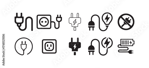 Electrical power icon set. Connection. socket with a plug. Plug icon and charging point icon. Electricity socket sign. vector illustration eps 10