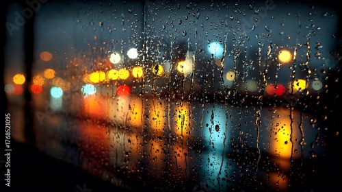 Fototapeta Naklejka Na Ścianę i Meble -  Blurred colorful lights shine through a window covered in raindrops.