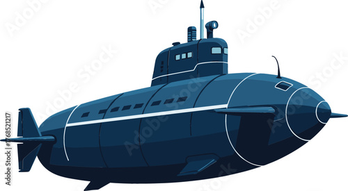 Vector Illustration of Submarine – Sleek Dark Blue Navy Design with Fins and Periscope Isolated on White Background