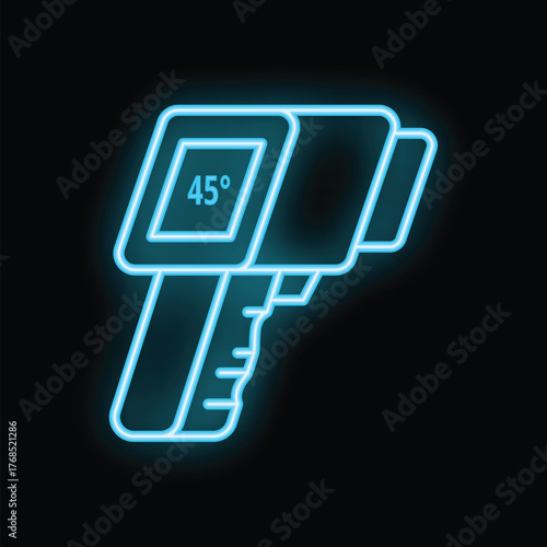Blue neon icon of a digital non contact infrared thermometer displaying a high temperature reading