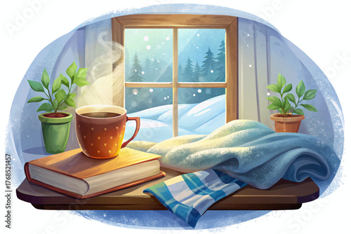 Warm tea mug with book and blanket near frosted window symbolizing peaceful winter relaxation indoors