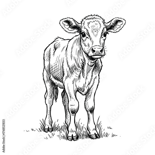 Vector illustration of sketch of a young calf standing in grass, looking forward, black and white illustration