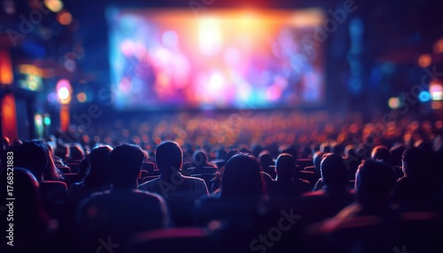 Audience Viewing Performances At The Movie Theater: Premiere, Opera, And Other Events. Showtime Theme And Abstract Audience For Shows. Black Pictograph Included.