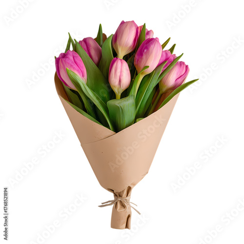 Elegant bouquet of pink tulips wrapped in brown paper isolated on transparent background
