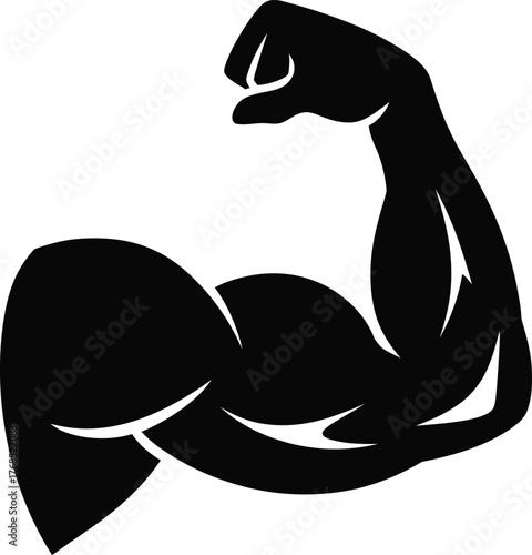 Black Silhouette Vector of Flexed Bicep Muscle, Strong Arm Icon for Fitness, Gym Workout, Bodybuilding, and Strength Training Graphic