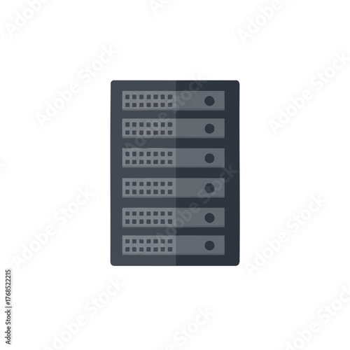 Minimalistic 2D flat vector icon of a tall server rack containing network equipment, isolated clearly against a clean white background, representing data storage and computing infrastructure.