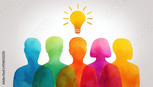 Innovative Community, Joint Understanding, Collaborative Intelligence Displayed. Three Individuals With Light Bulb Symbol Above Heads. Iconography On A White Background.