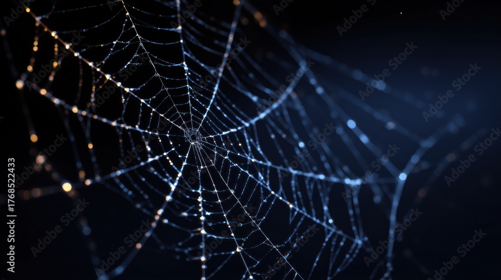 Naklejka premium Detailed Spider Web with Dew Drops on a Dark Background
