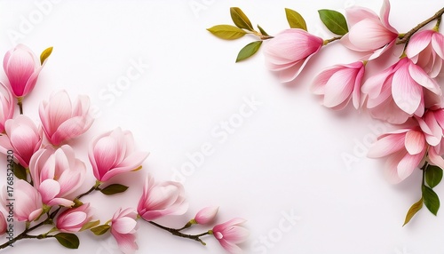 pink magnolia flowers branch in a corner border spring flowers on a white background