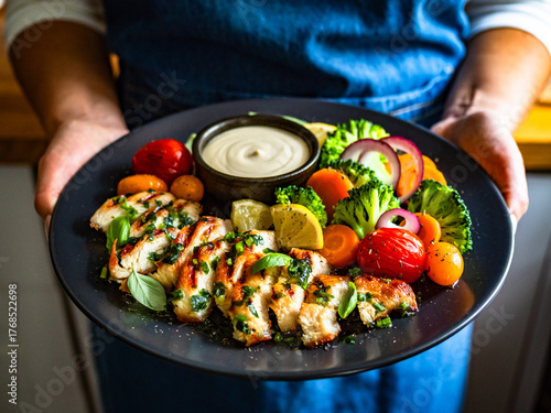 Woman holding plate with grilled chicken breast, mayonnaise and vegetables, close-up