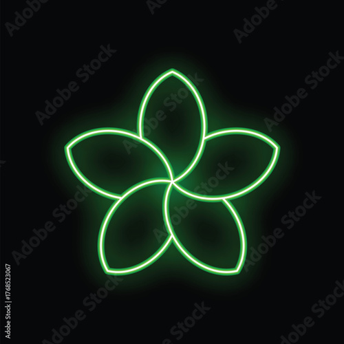Green neon flower glowing on black background representing concepts such as decoration, nature and beauty
