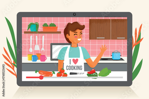 Woman cooking in kitchen for online food review