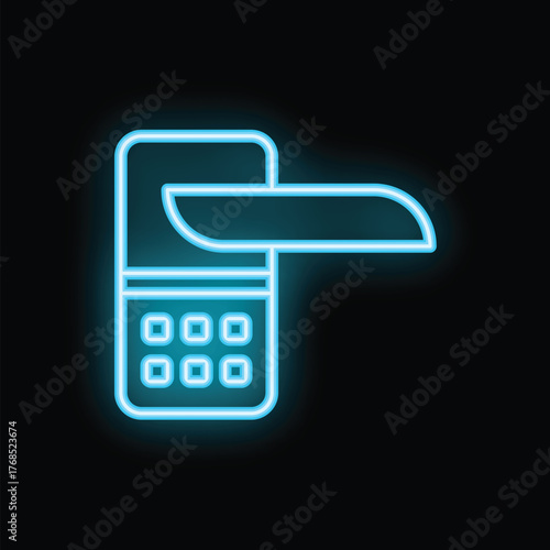Neon icon of a door handle with a keypad lock is glowing on a black background