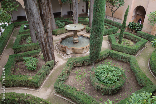 Granada, Spain - 21 Oct 2025: Daraxas Garden at Nasrid Palaces of Alhambra