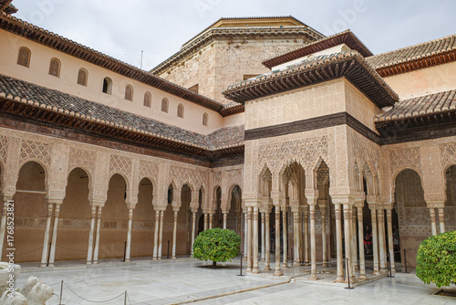 Granada, Spain - 21 Oct 2025: Islamic architecture in the Palacio de los Leones, Nasrid Palaces, Alhambra, UNESCO World Heritage Site