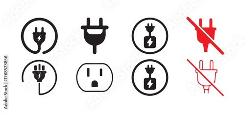 Electrical power icon set. Connection. socket with a plug. electric plug logo. plug icon. monochrome icon.  grounded power icon. vector illustration eps 10
