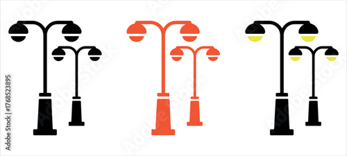 Street Lighting Icon Set Vector Illustration. Flat Fill Collection for Urban Infrastructure, City Illumination, Safety, and Smart City Design.