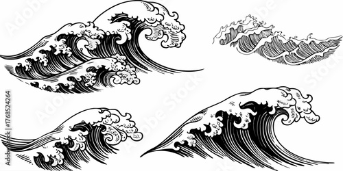 Detailed monochrome drawing showcasing various stylized ocean waves in different sizes and orientations