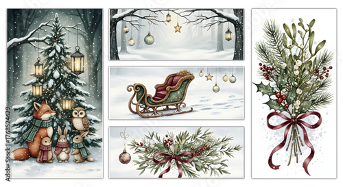 Whispers of Winter watercolor label set with enchanted snowy forests, gothic holiday magic, mystical seasonal art, elegant dark festive design