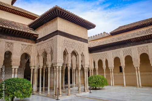 Granada, Spain - 21 Oct 2025: Islamic architecture in the Palacio de los Leones, Nasrid Palaces, Alhambra, UNESCO World Heritage Site