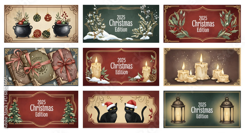 Gothic Christmas label set with witchy cauldrons, glowing candles, spell books, and black cats, dark festive mystical holiday art