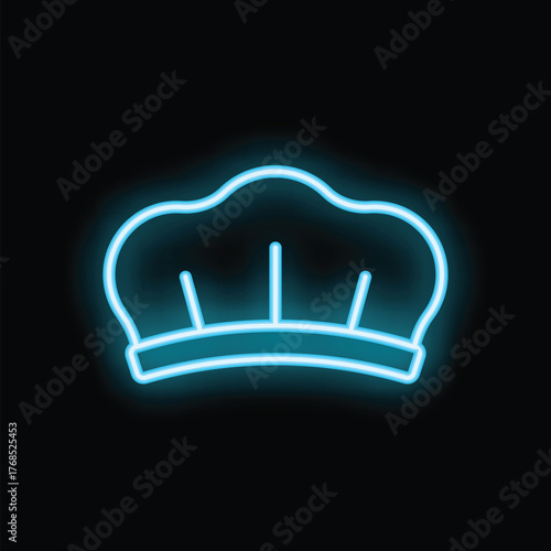 Blue neon chef toque glowing on black background representing restaurant, food and cooking