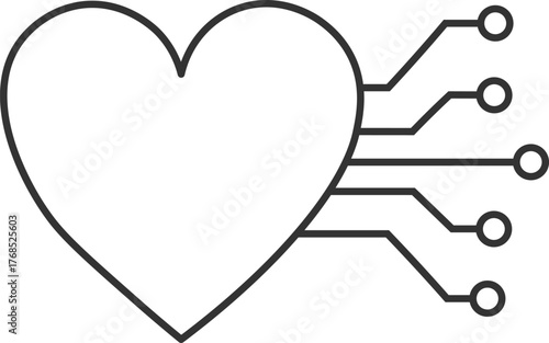 Heart circuit technology icon. Modern vector illustration of a heart with circuit board lines, minimalist health tech design isolated on a white background