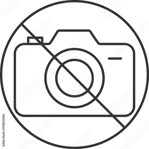 Minimalist vector illustration of a camera with a diagonal prohibition sign, no photography or restricted area symbol, clean outline style, isolated on a white background