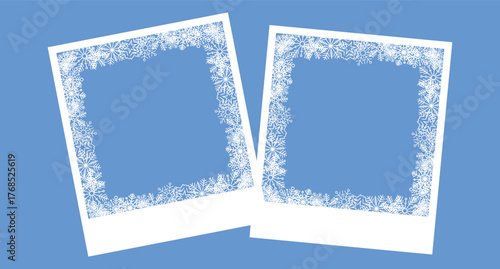 Snowflake photo frame set, snow Christmas New Year decoration, white frame with snowflakes inside, 2026, Happy New Year card border with many snowflakes. Merry christmas festival elegant snowflakes