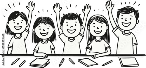Black and white line art illustration of five cheerful students sitting at a desk, raising their hands enthusiastically while smiling and learning together.