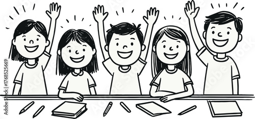 Black and white line art illustration of five cheerful students sitting at a desk, raising their hands enthusiastically while smiling and learning together.