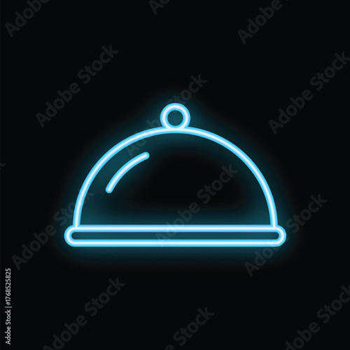 Bright blue neon sign depicting a restaurant cloche, perfect for any diner, restaurant, or food related design