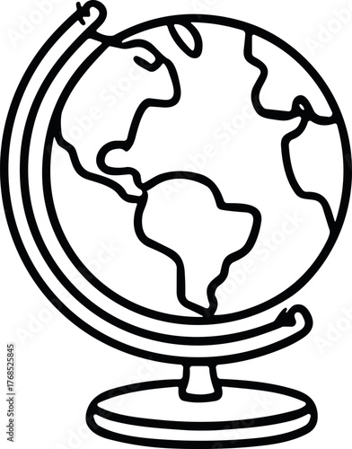  Black and white line art illustration of a classroom globe showing continents, symbolizing geography, exploration, and global education.