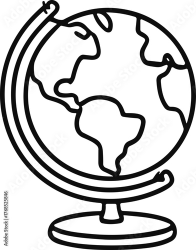 Black and white line art illustration of a classroom globe showing continents, symbolizing geography, exploration, and global education.